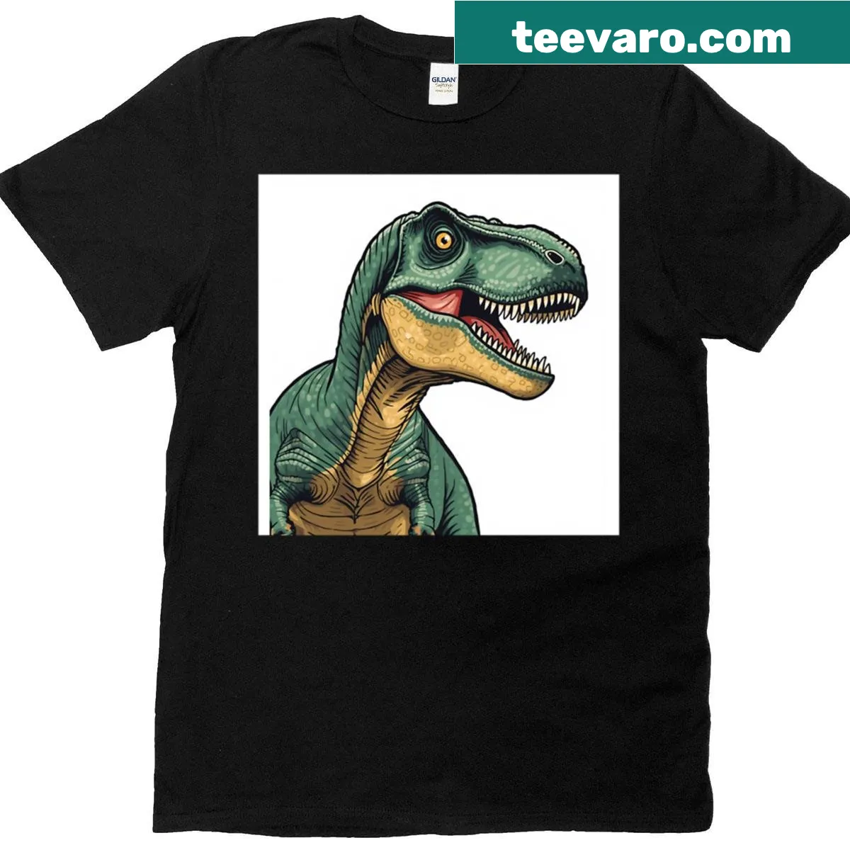 Oversized t-shirt featuring a dynamic green T-rex illustration — on a men's t-shirt