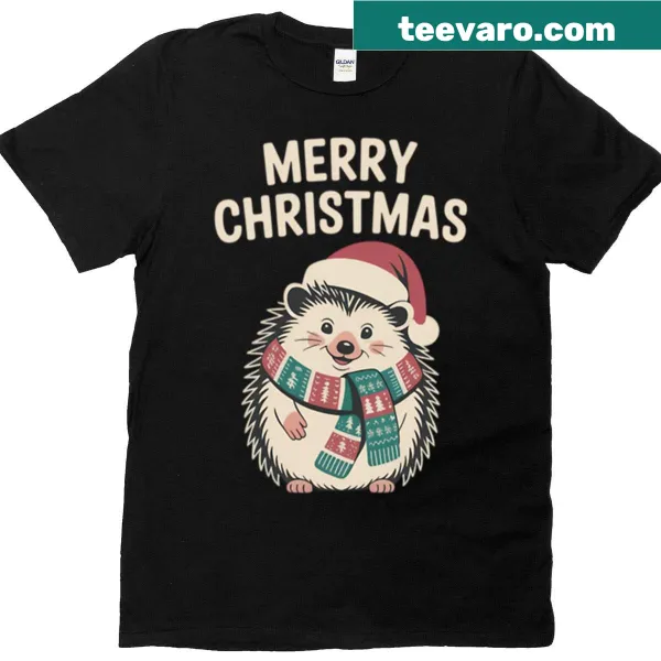 Minimalist hedgehog illustration on a whimsical oversized Christmas tee