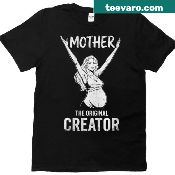 Minimalist t-shirt for expectant mothers featuring the text 'The Original Creator'