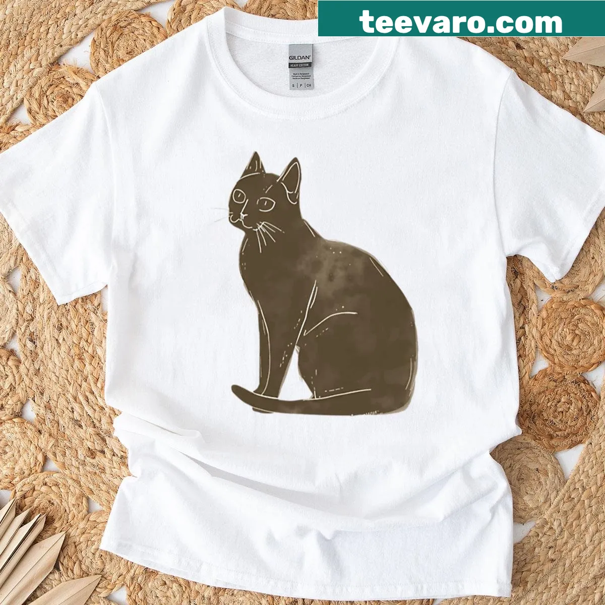 Minimalistic cat illustration on a vintage-style t-shirt — on a men's t-shirt