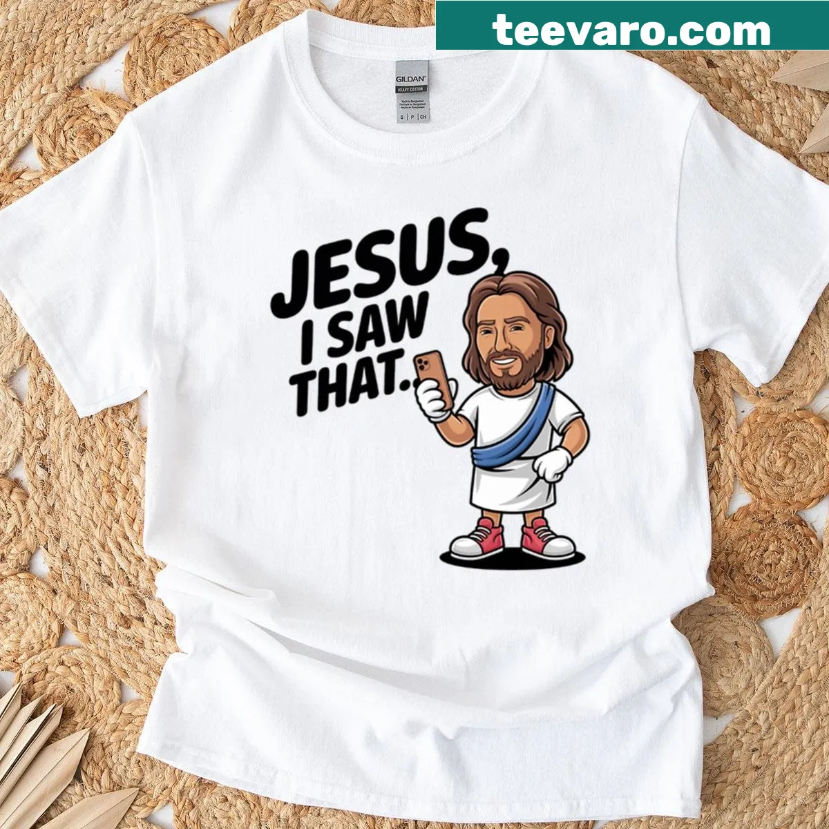 Bold T-shirt with the phrase Modern Jesus Caught You — on a men's t-shirt