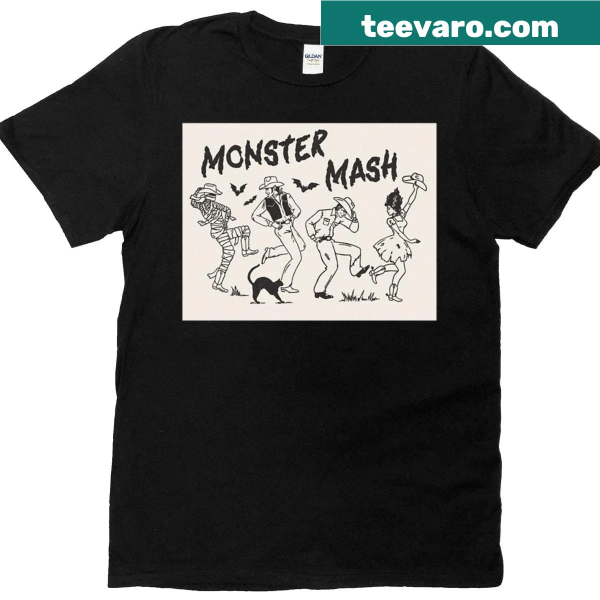 Cartoon monsters dancing on an oversized hoedown shirt — on a men's t-shirt