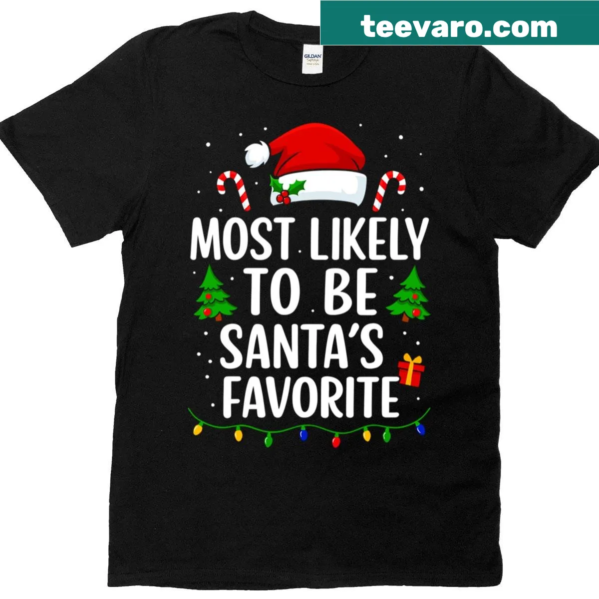 T-shirt featuring 'Most Likely To Be Santa's Favorite' text — on a men's t-shirt