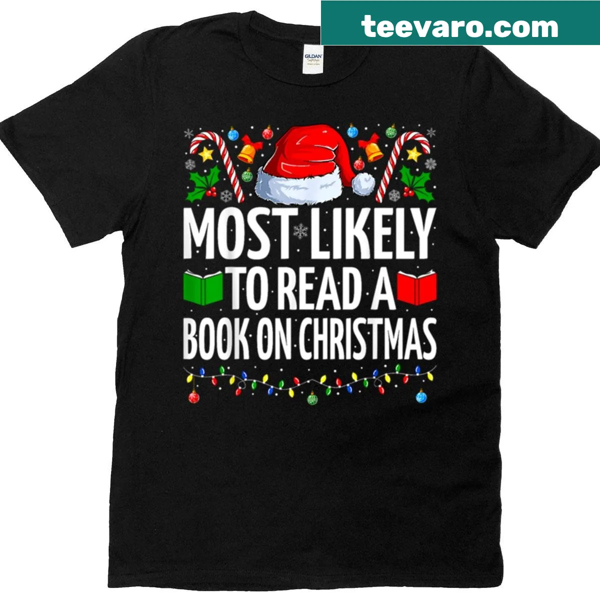 Funny holiday book lover t-shirt with playful text — on a men's t-shirt