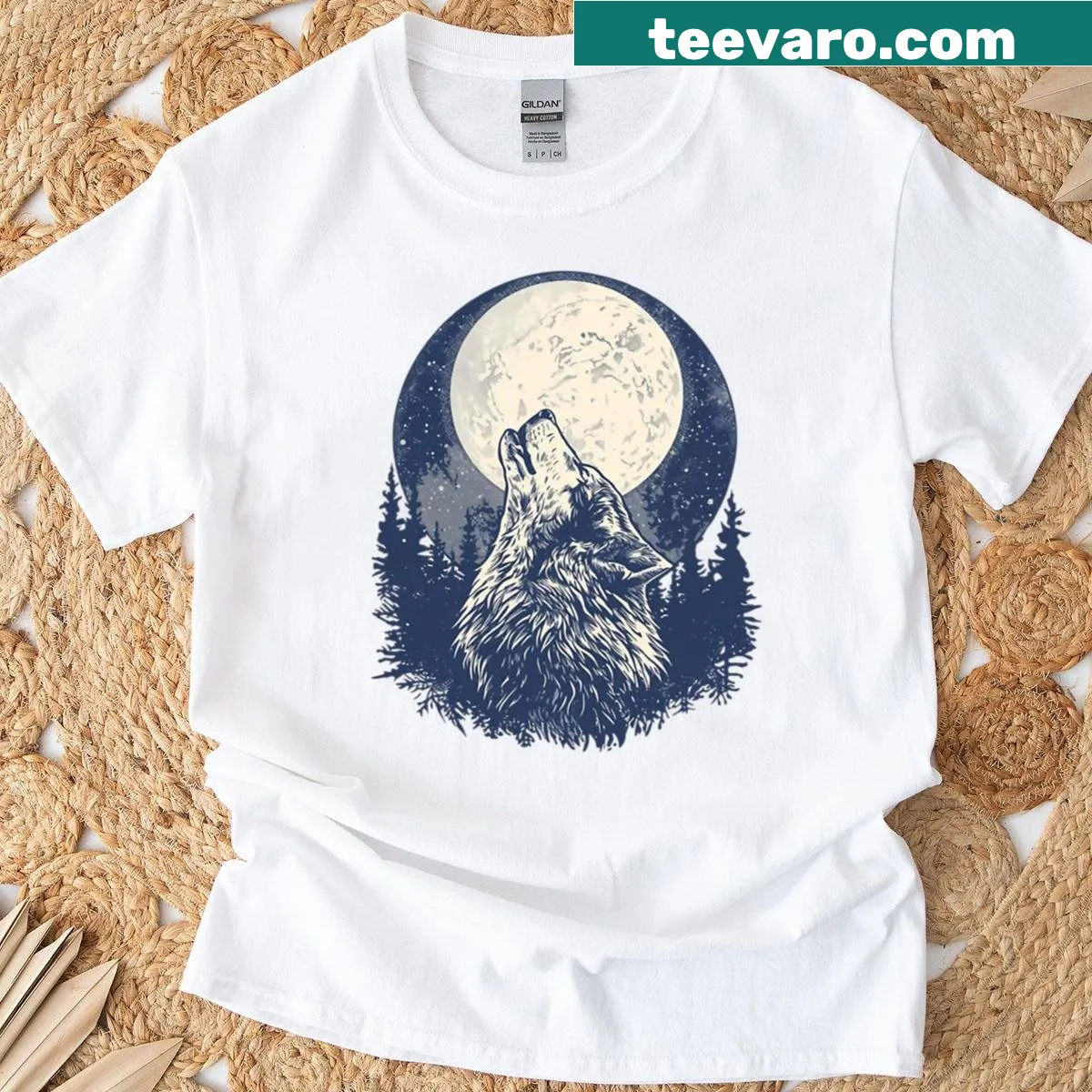 Vintage-style T-shirt featuring a wolf howling at the moon in a forest — on a men's t-shirt