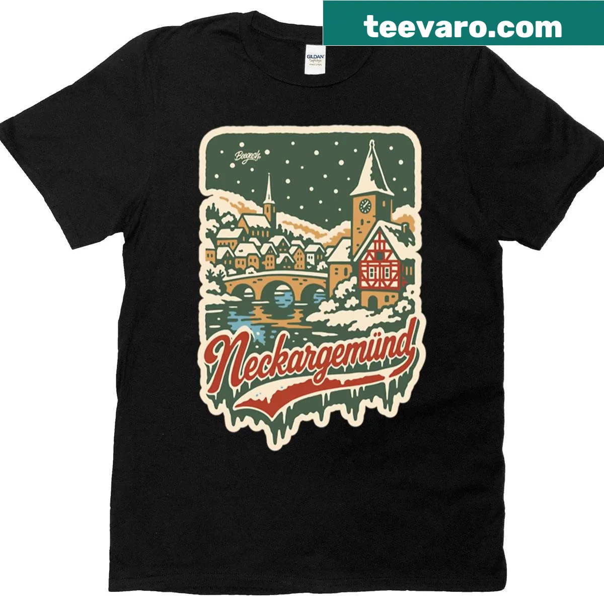 Oversized t-shirt with a winter landscape graphic of Neckargemnd — on a men's t-shirt