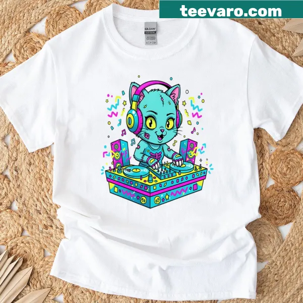 Cute oversized tee featuring a neon zombie cat DJ for gamers.