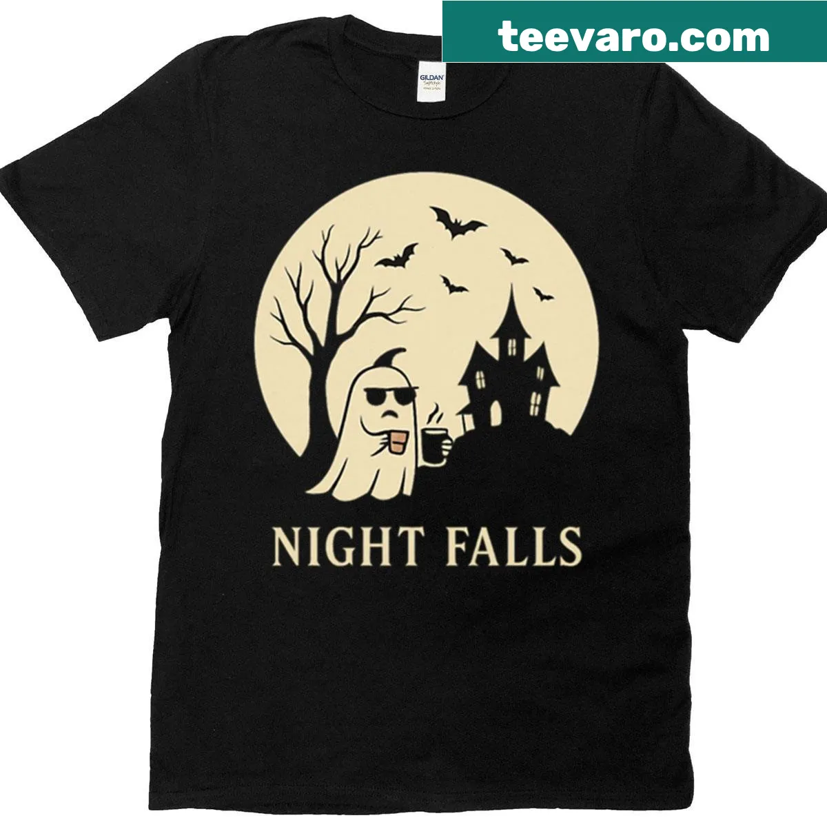 Funny Halloween t-shirt featuring a ghost with coffee and moon design — on a men's t-shirt