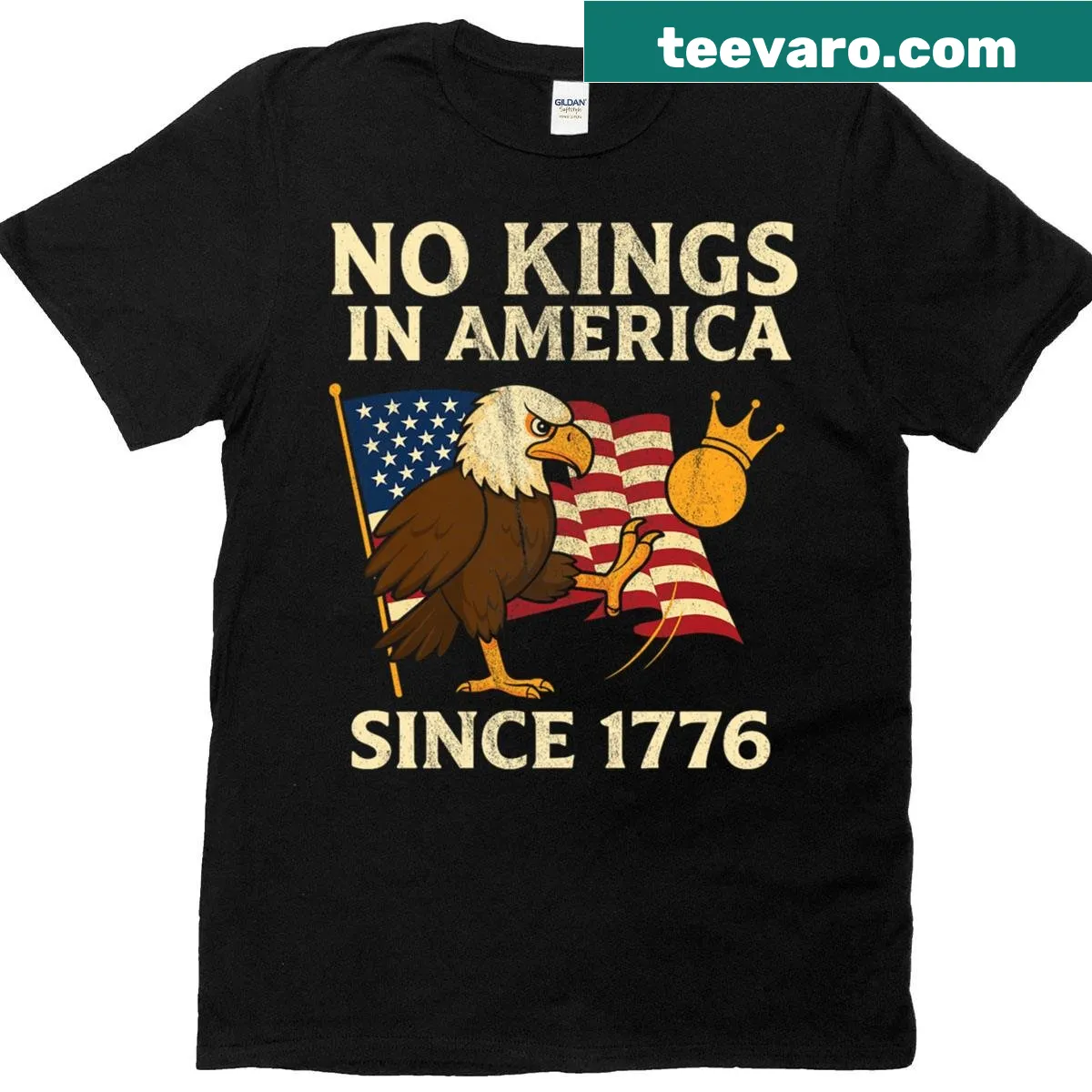 Bold typography No Kings In America 1776 t-shirt — on a men's t-shirt