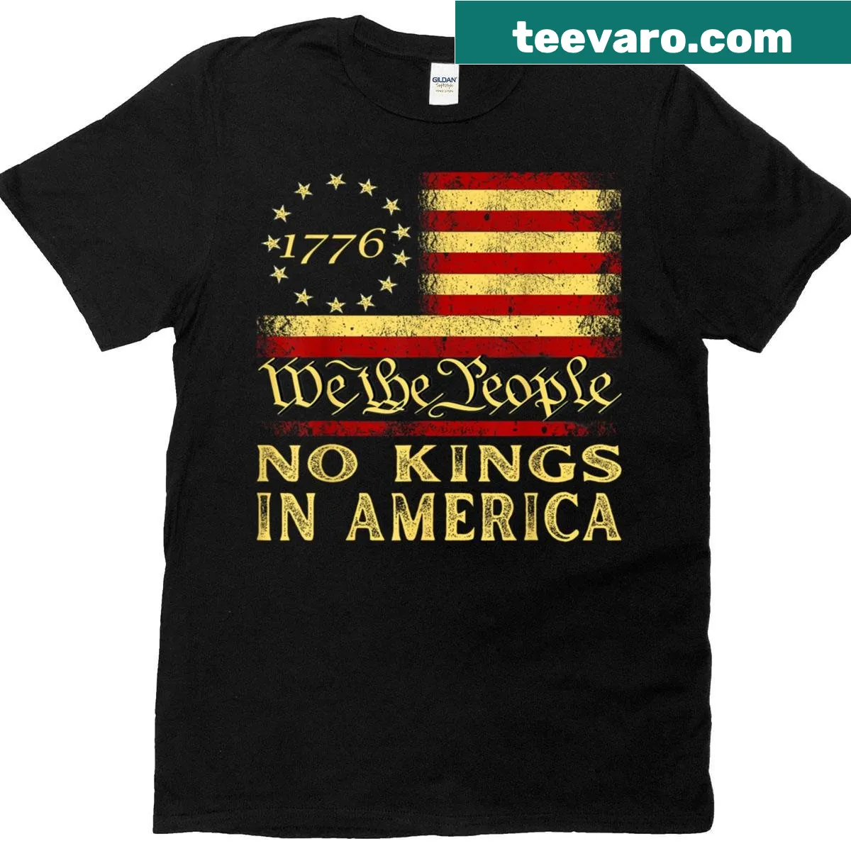 Bold typography No Kings In America t-shirt design — on a men's t-shirt