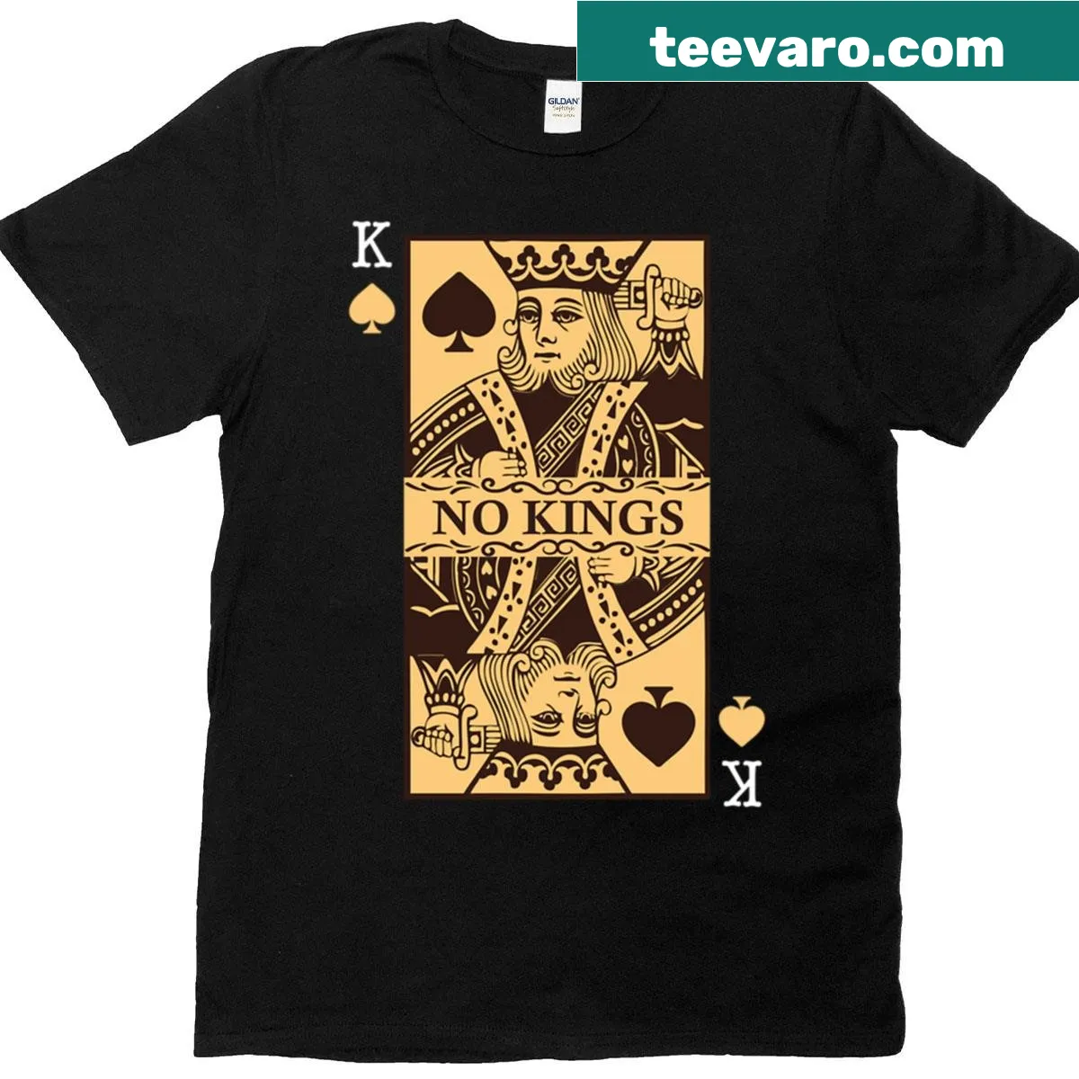 Bold 'No Kings' statement t-shirt design in typography — on a men's t-shirt