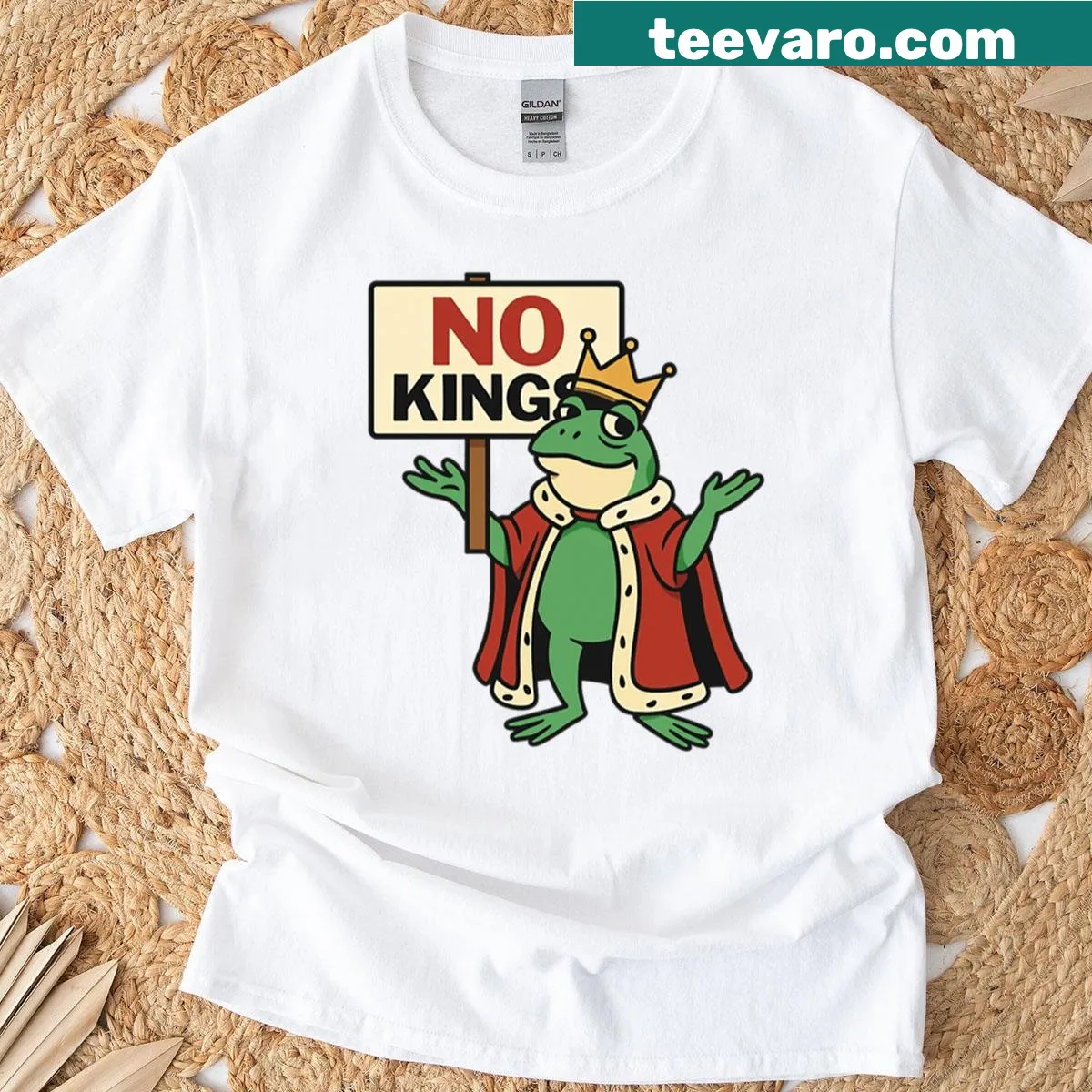 Funny t-shirt with No Kings Royal Frog Rebellion slogan — on a men's t-shirt