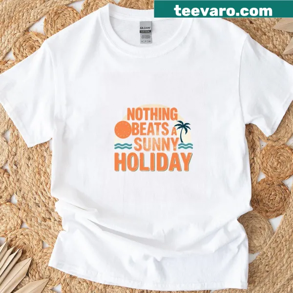 Travel-themed t-shirt with the phrase 'Nothing Beats A Sunny Holiday'