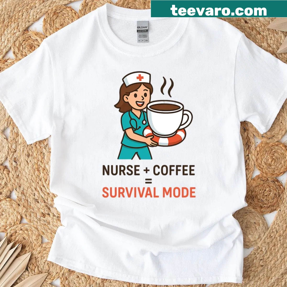 Funny nurse life T-shirt with coffee survival mode slogan — on a men's t-shirt