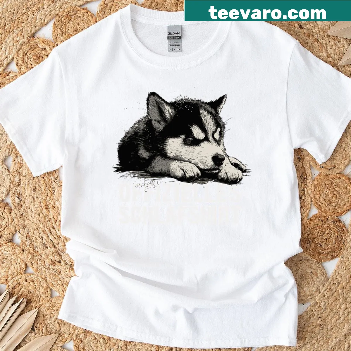 Cartoon husky puppy graphic design on T-shirt for dog lovers — on a men's t-shirt