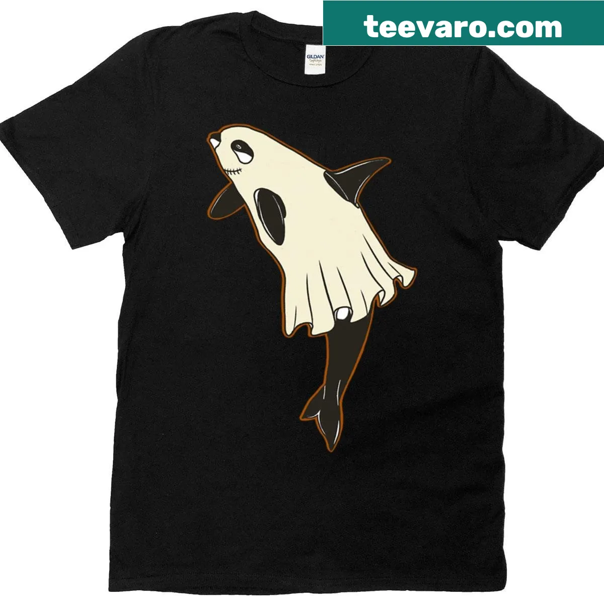 Halloween-themed oversized t-shirt featuring an orca in costume — on a men's t-shirt