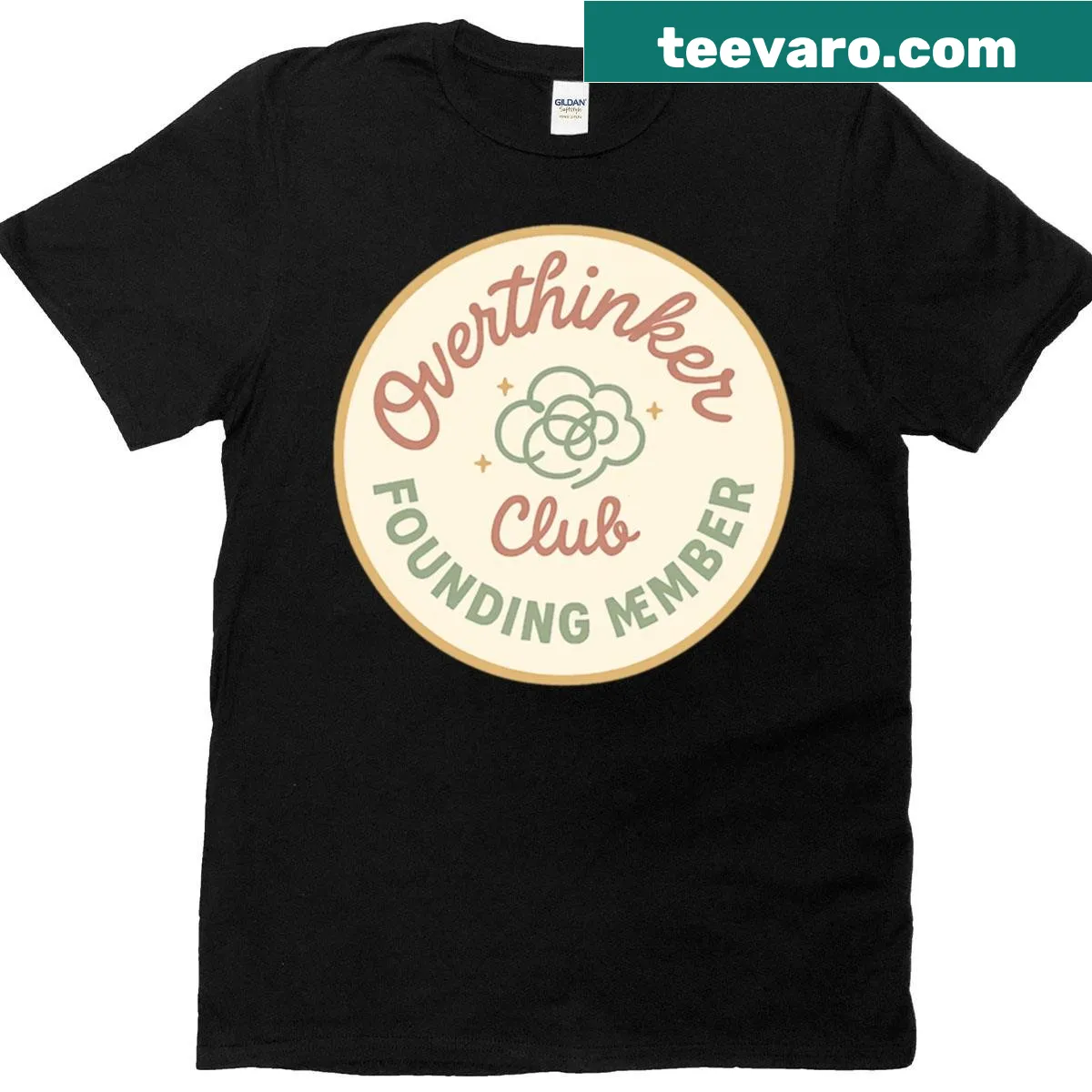 Minimalist retro badge design on Overthinker Club t-shirt — on a men's t-shirt