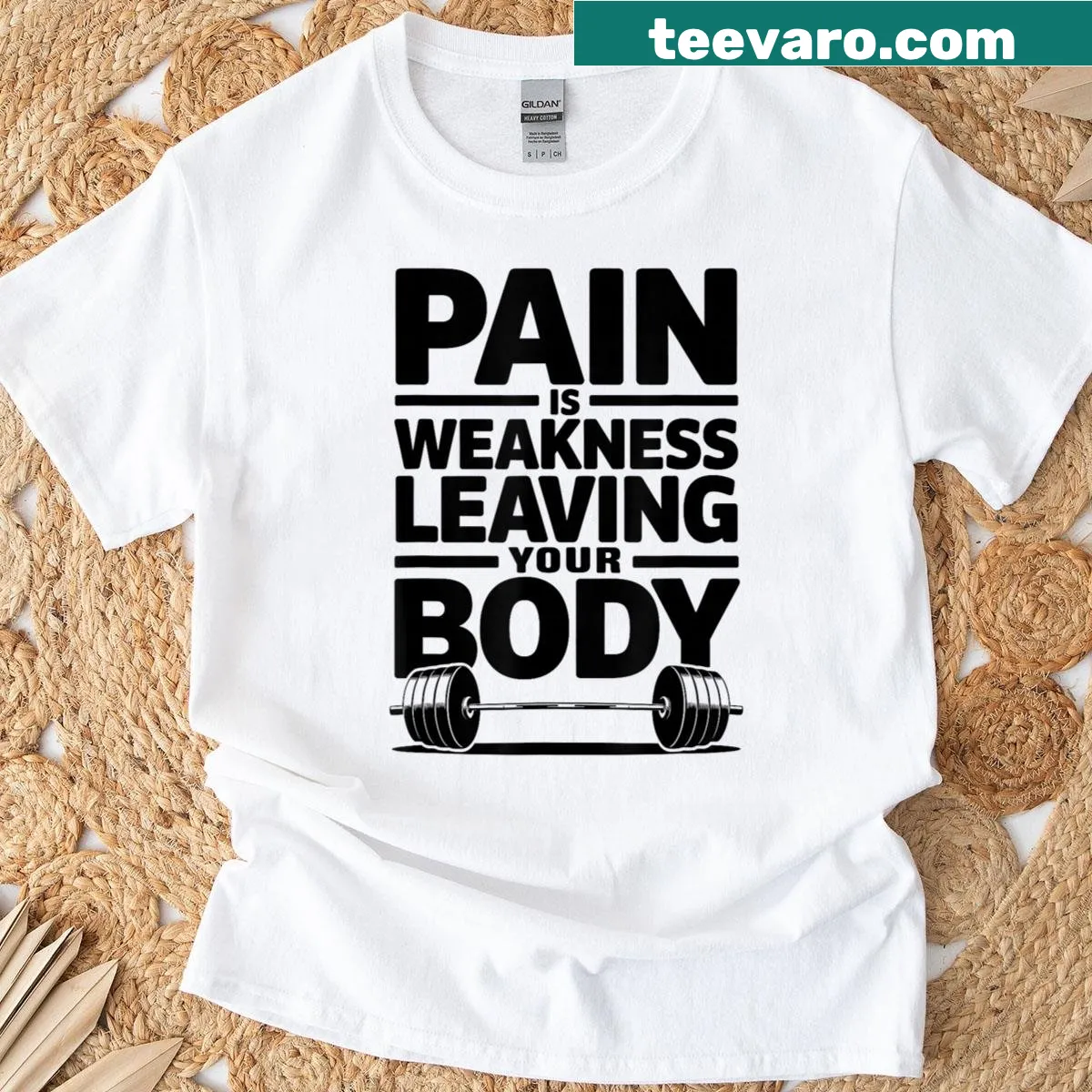 Inspirational T-shirt with fitness quote: Pain is Weakness Leaving Your Body — on a men's t-shirt