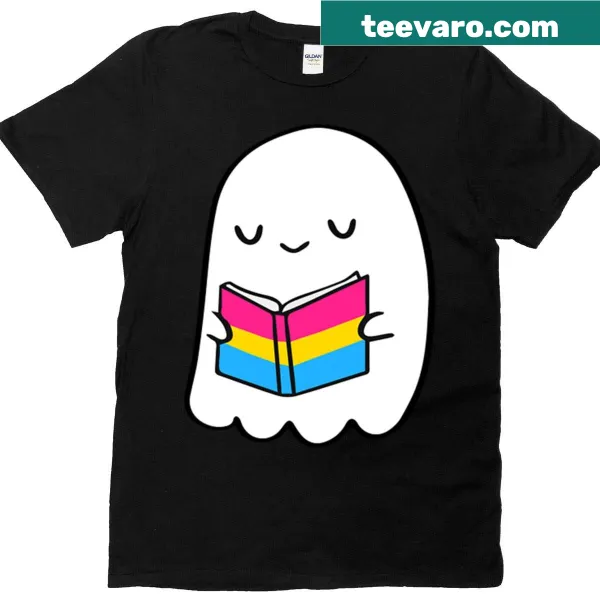 Cute ghost reading with pan pride colors on a t-shirt.