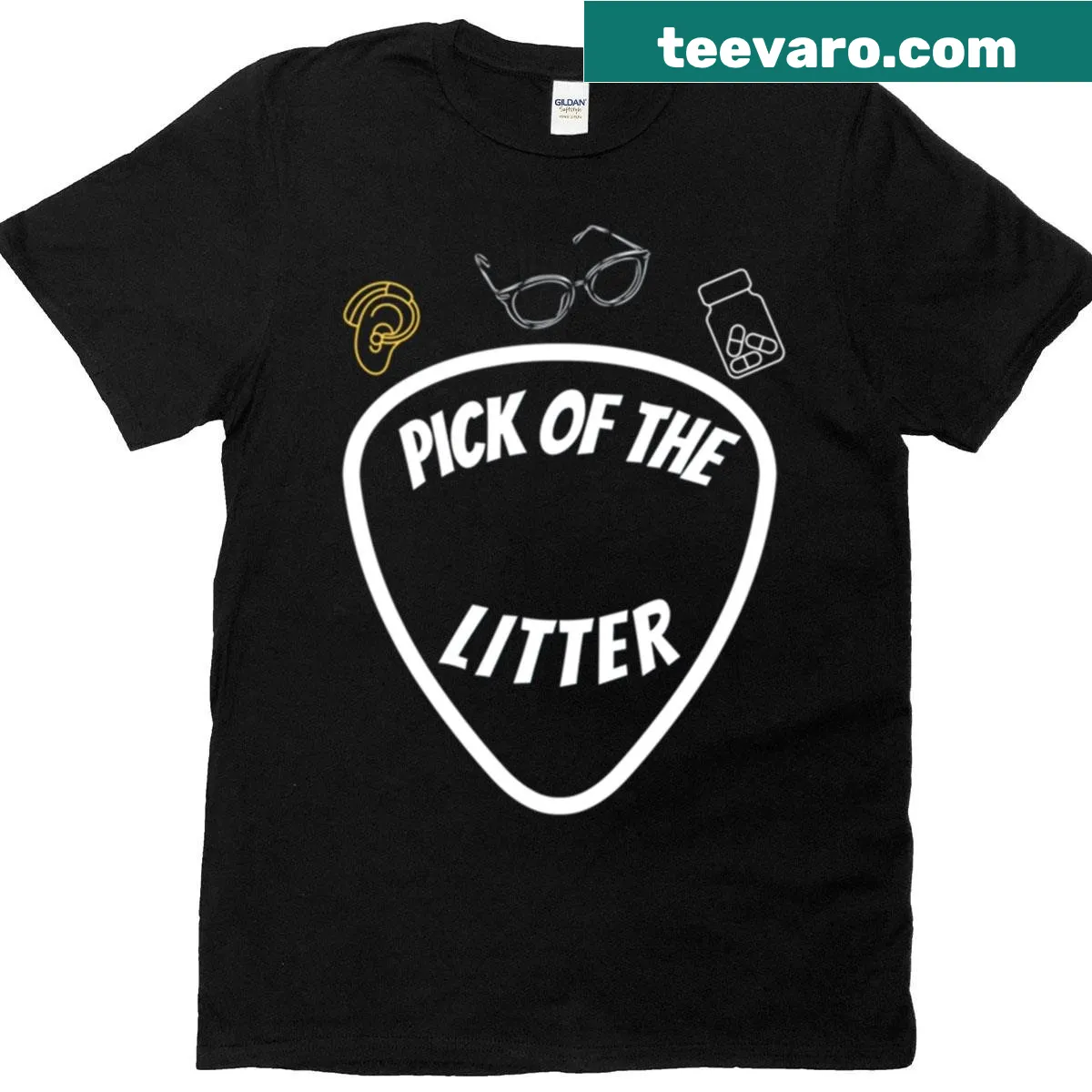Funny guitarist shirt with 'Pick Of The Litter' text — on a men's t-shirt