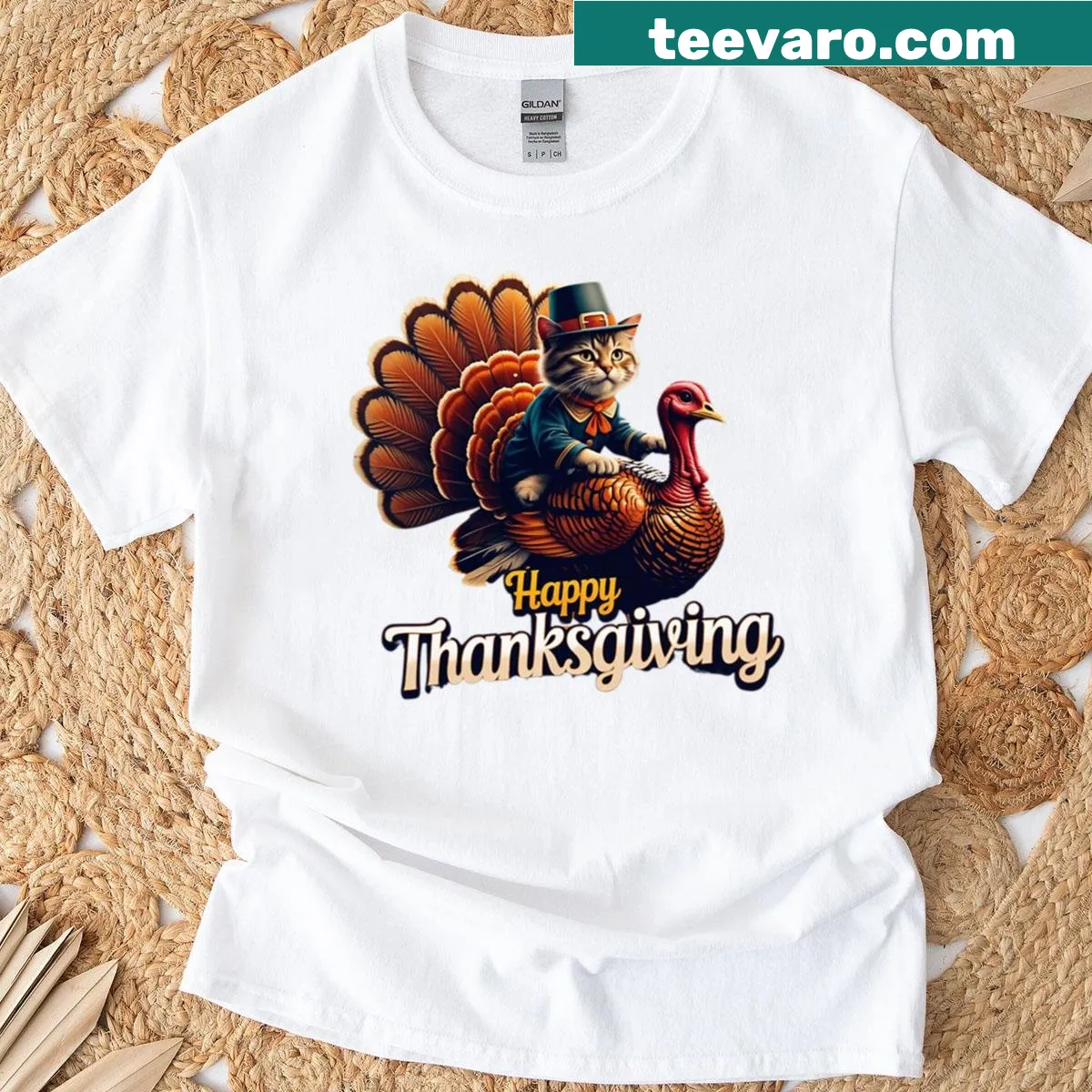 Illustration of a cat wearing a pilgrim hat for Thanksgiving — on a men's t-shirt