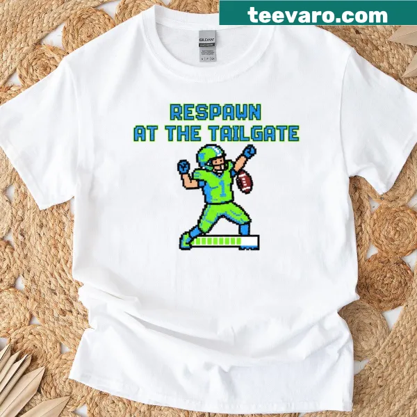 Pixel art football respawn graphic on a gamer T-shirt