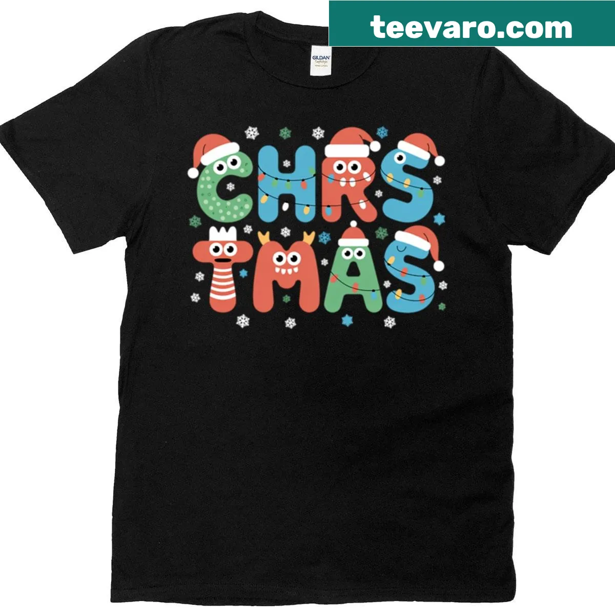 Playful monster-themed Christmas typography T-shirt for kids. — on a men's t-shirt
