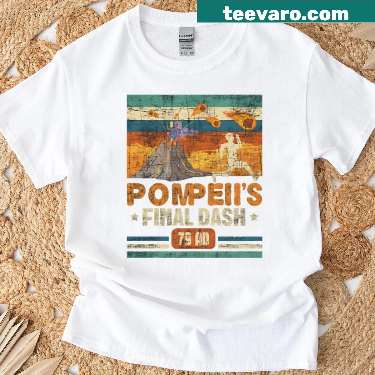 Vintage retro T-shirt design referencing Pompeii's history — on a men's t-shirt