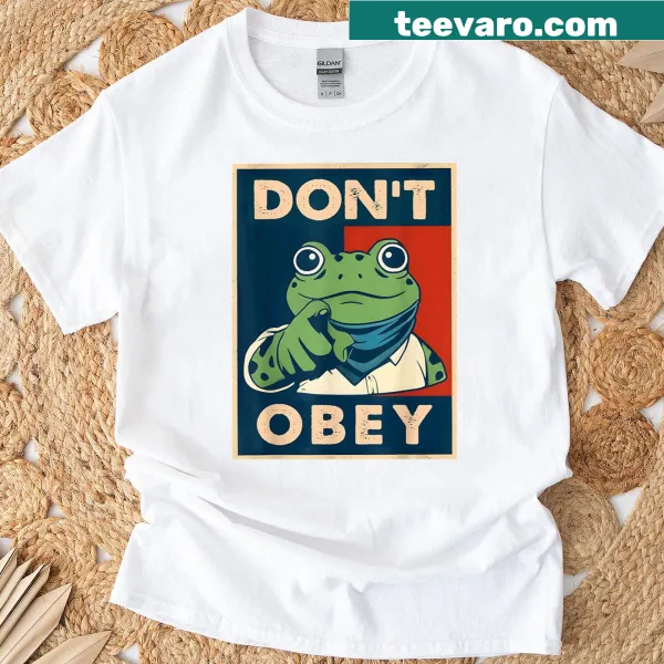 Quirky Portland frog t-shirt with 'Don't Obey' text