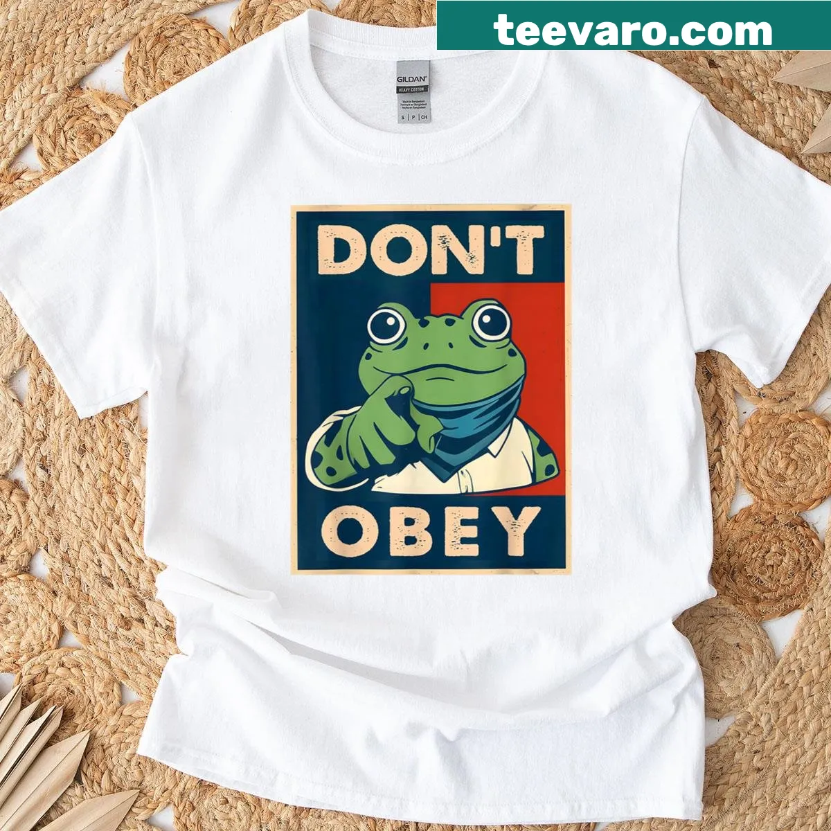 Quirky Portland frog t-shirt with 'Don't Obey' text — on a men's t-shirt