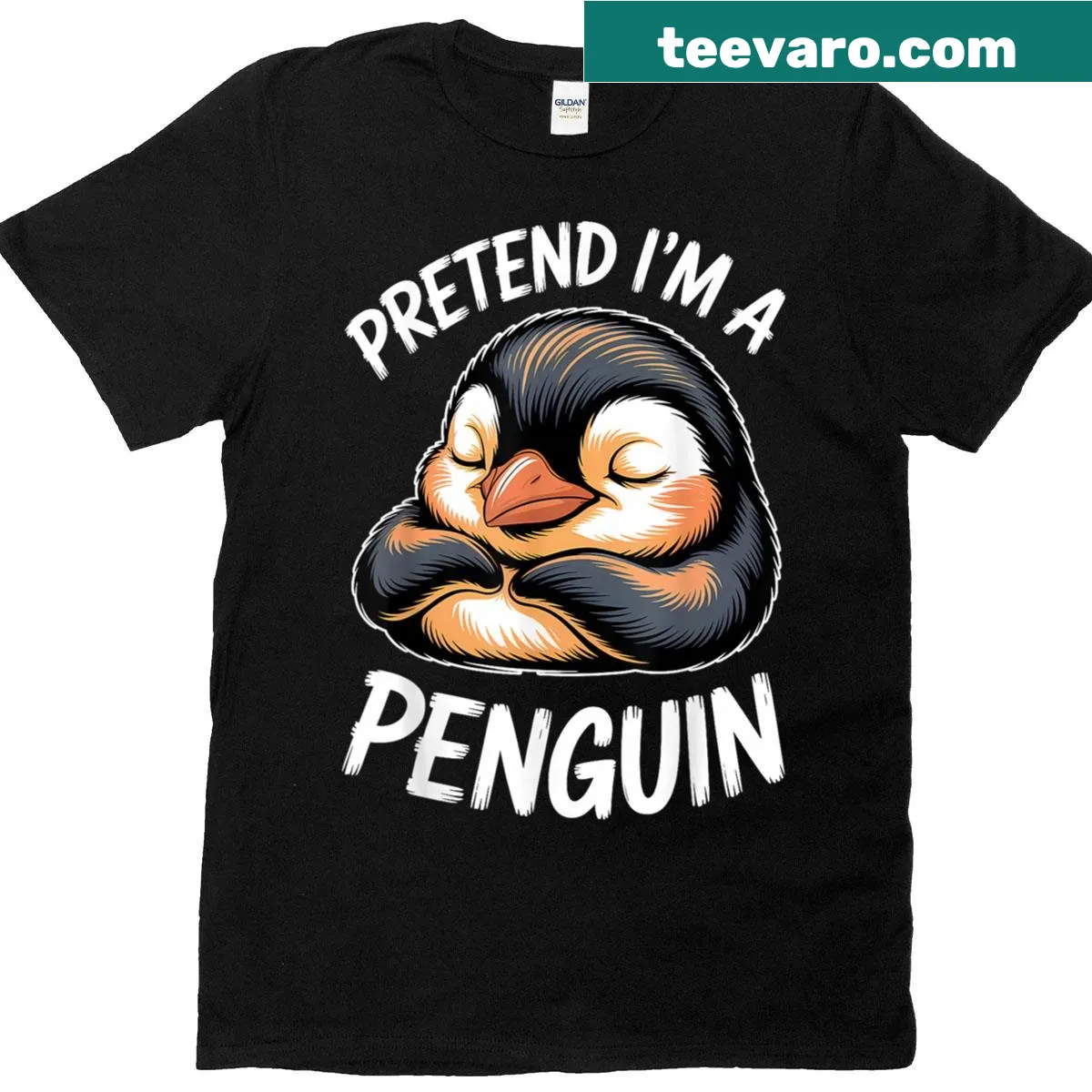 Cartoon penguin sleeping humorously on a t-shirt — on a men's t-shirt