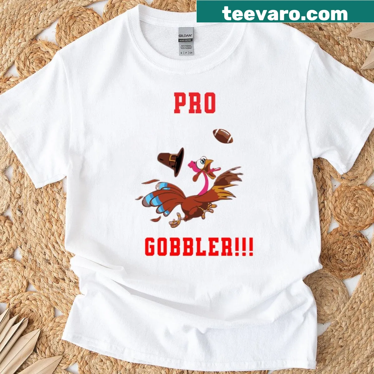 Funny turkey graphic T-shirt showcasing a Pro Gobbler for Thanksgiving. — on a men's t-shirt