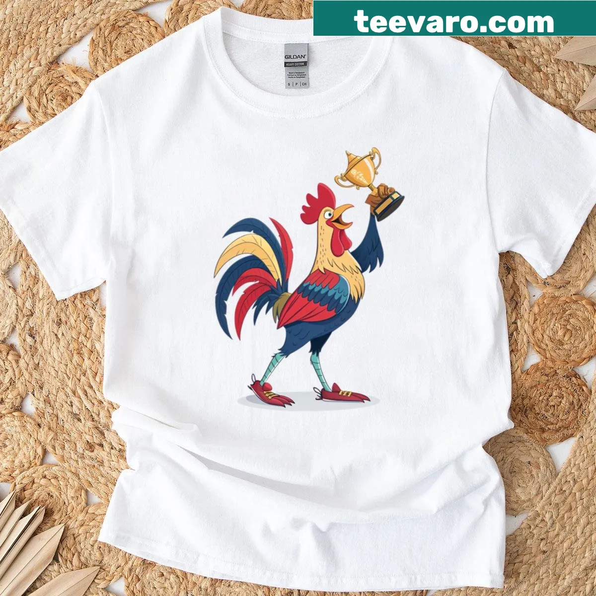 Illustration of a rooster with a golden trophy — on a men's t-shirt