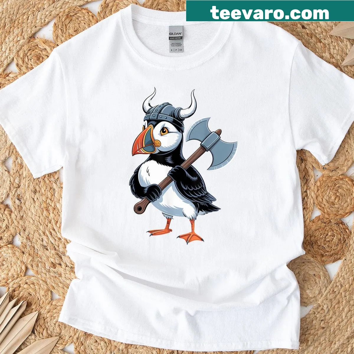 Puffin dressed as a Viking with Scandinavian elements — on a men's t-shirt