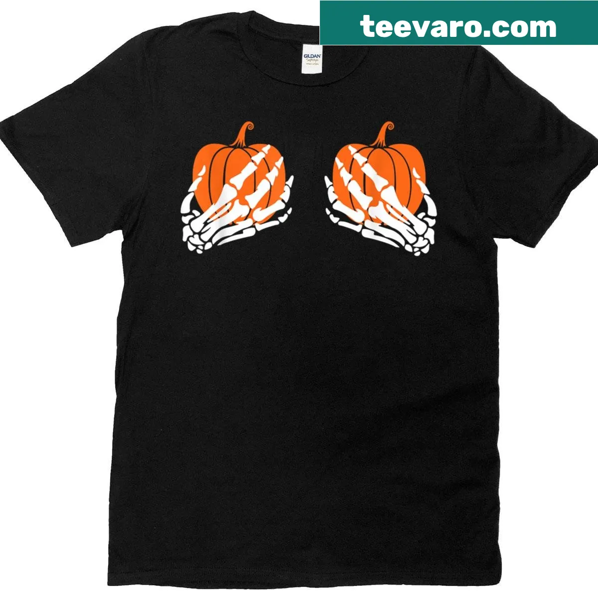 Skeleton hands coming from a pumpkin graphic for Halloween — on a men's t-shirt