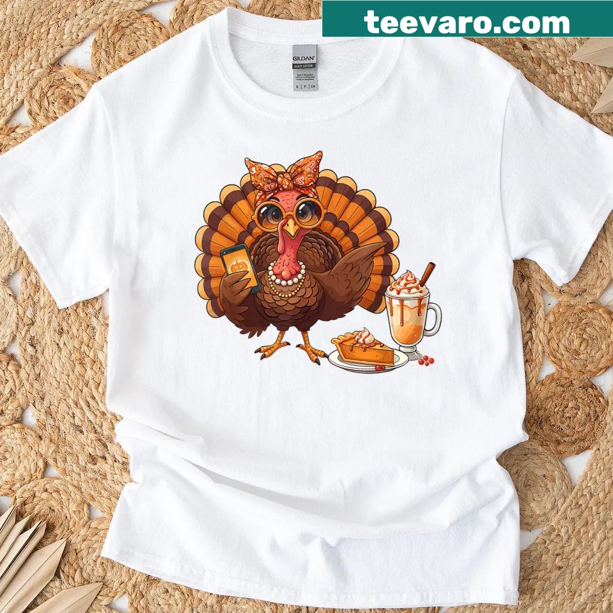 Funny Thanksgiving T-shirt with pumpkin spice and turkey cartoon graphics — on a men's t-shirt