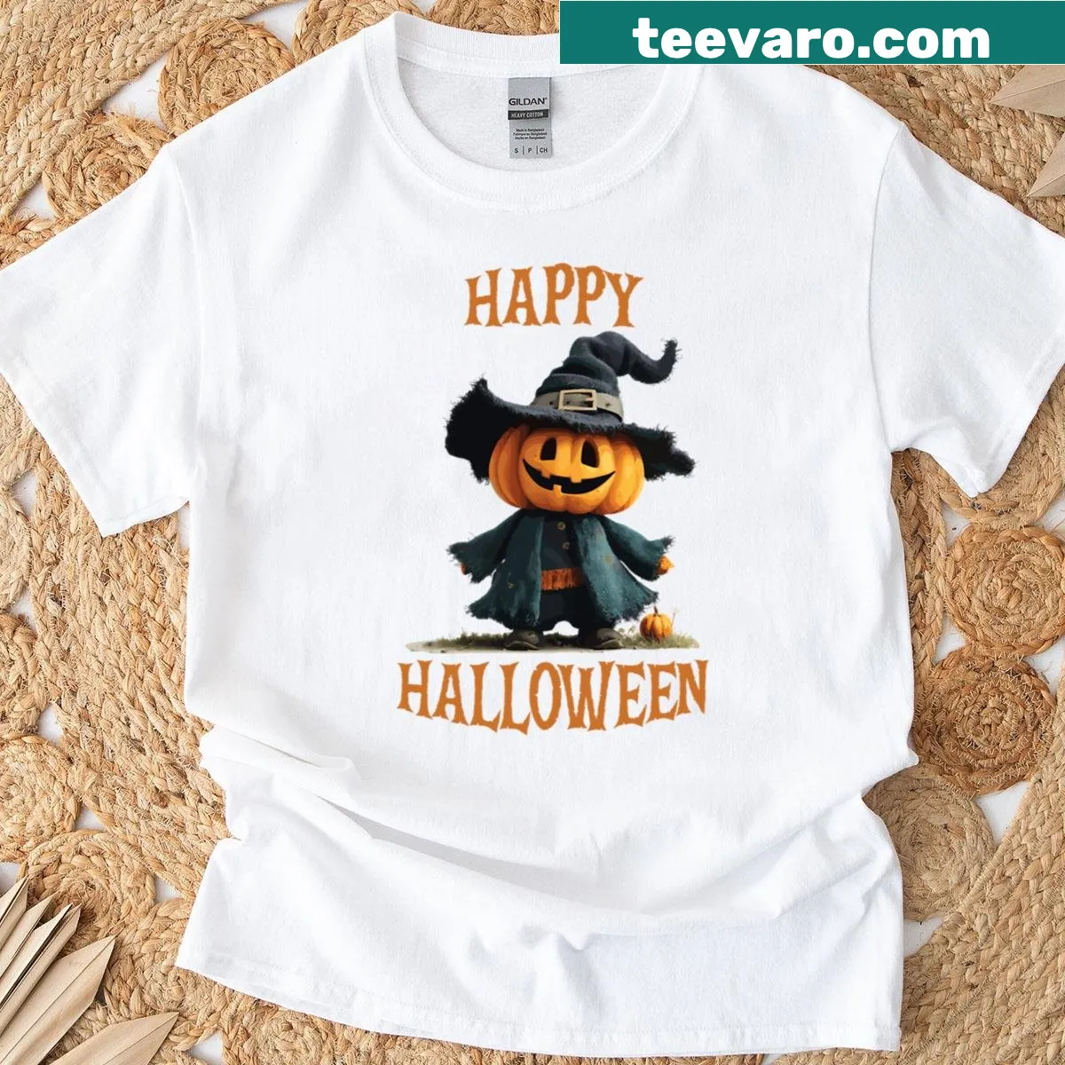 Whimsical pumpkin witch illustration on Halloween T-shirt — on a men's t-shirt