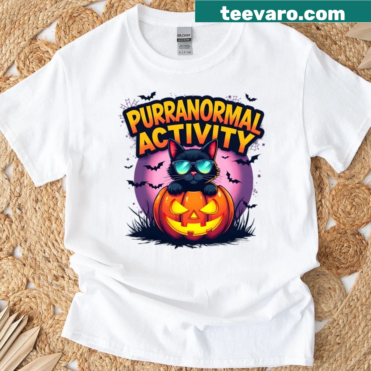 Oversized Halloween T-shirt with vintage black cat and humorous text — on a men's t-shirt
