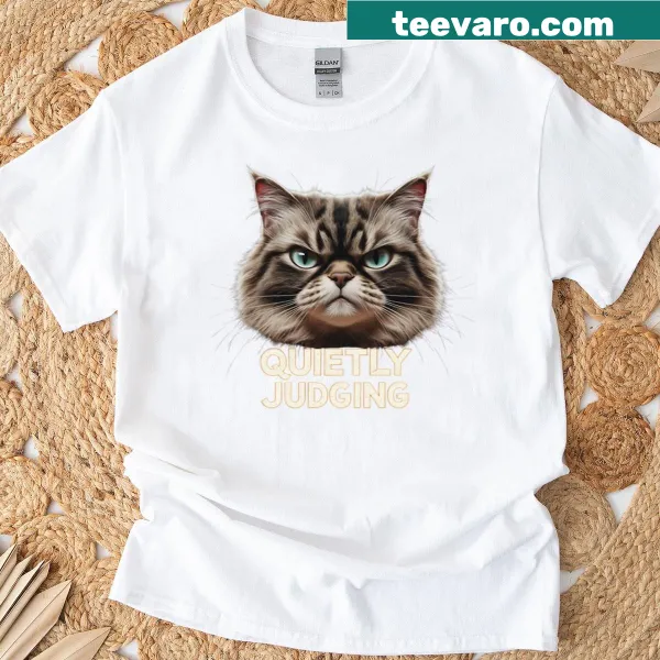 Cartoon cat graphic with the phrase Quietly Judging on a casual T-shirt