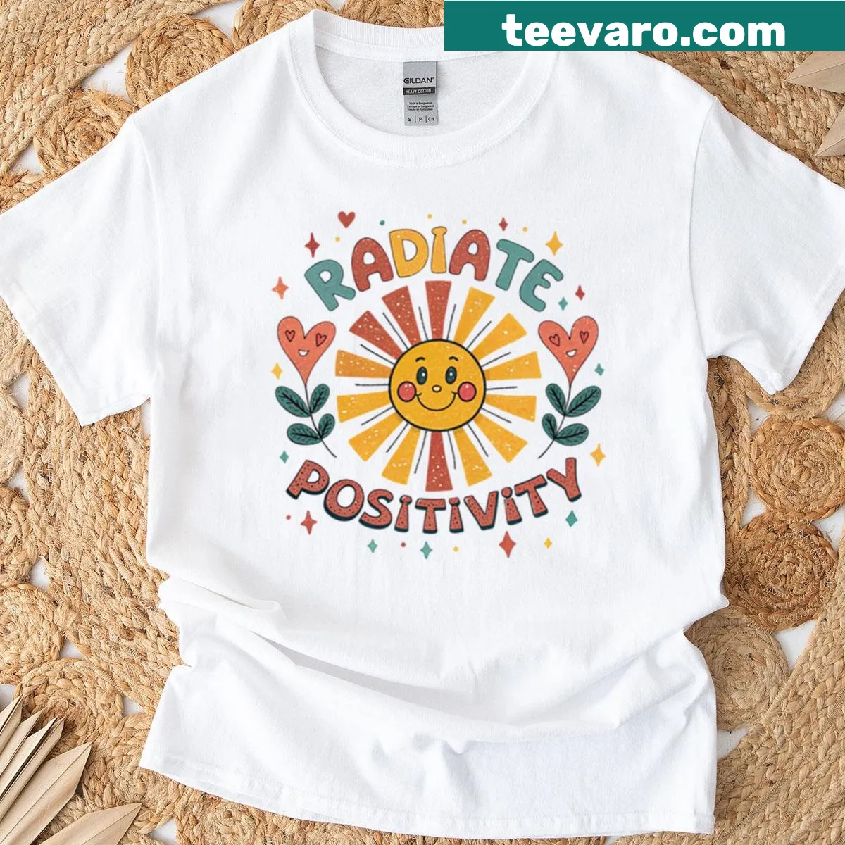 Typography design featuring Radiate Positivity phrase — on a men's t-shirt
