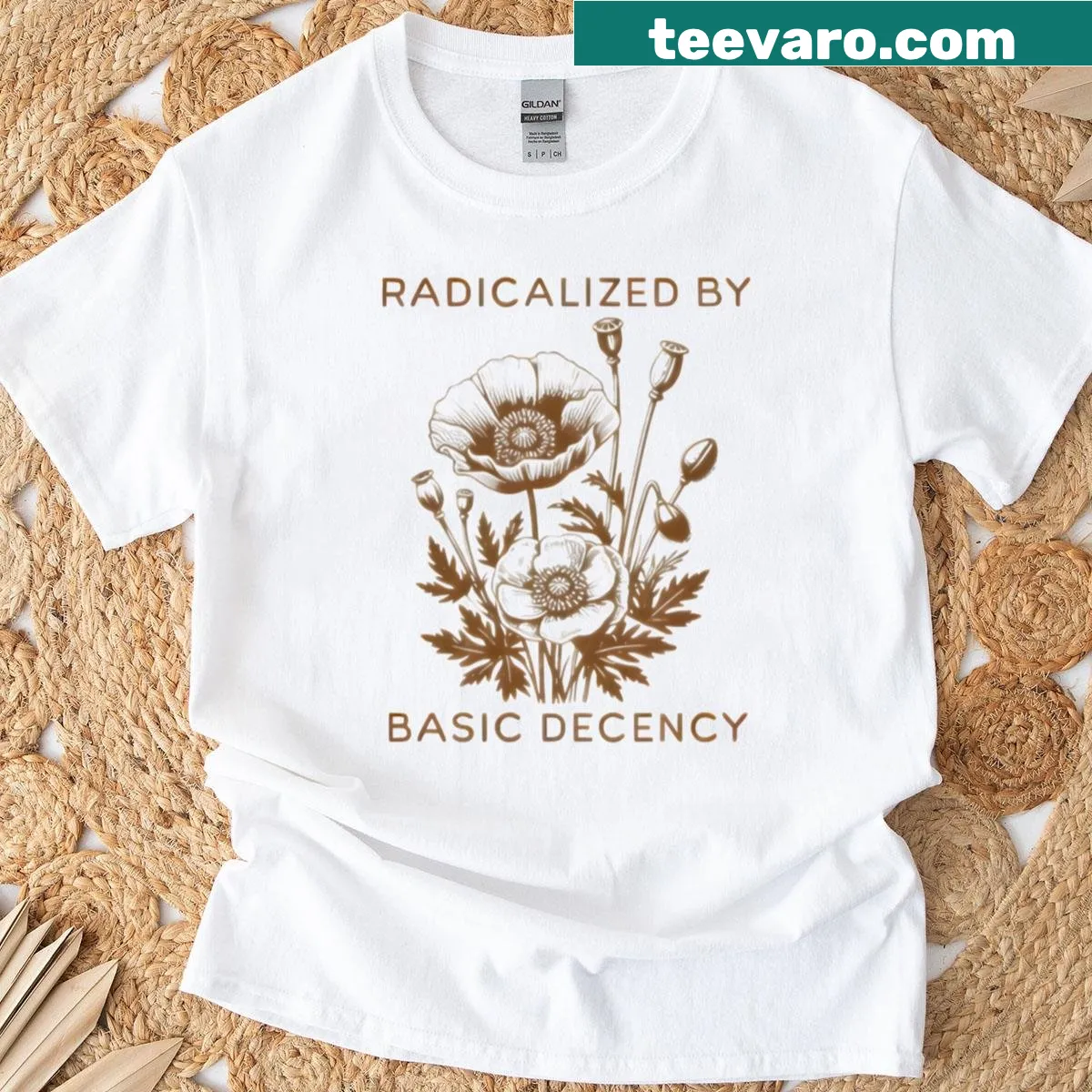 Vintage botanical print tee with the phrase 'Radicalized By Basic Decency' — on a men's t-shirt