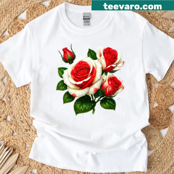 T-shirt featuring elegant red and white roses in a botanical design