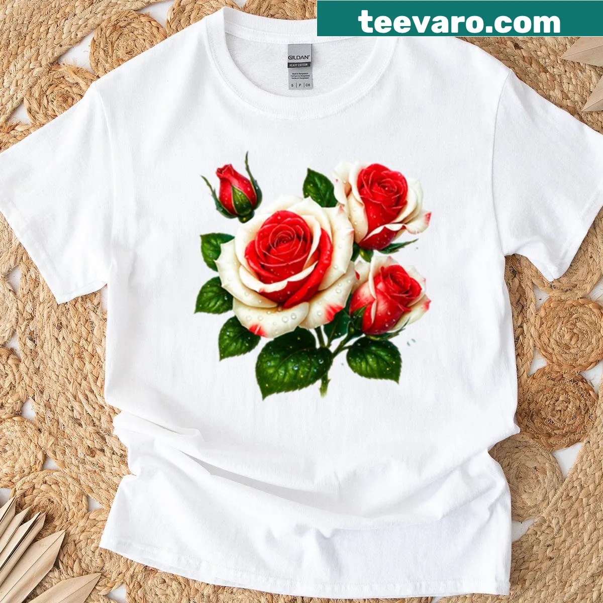 T-shirt featuring elegant red and white roses in a botanical design — on a men's t-shirt