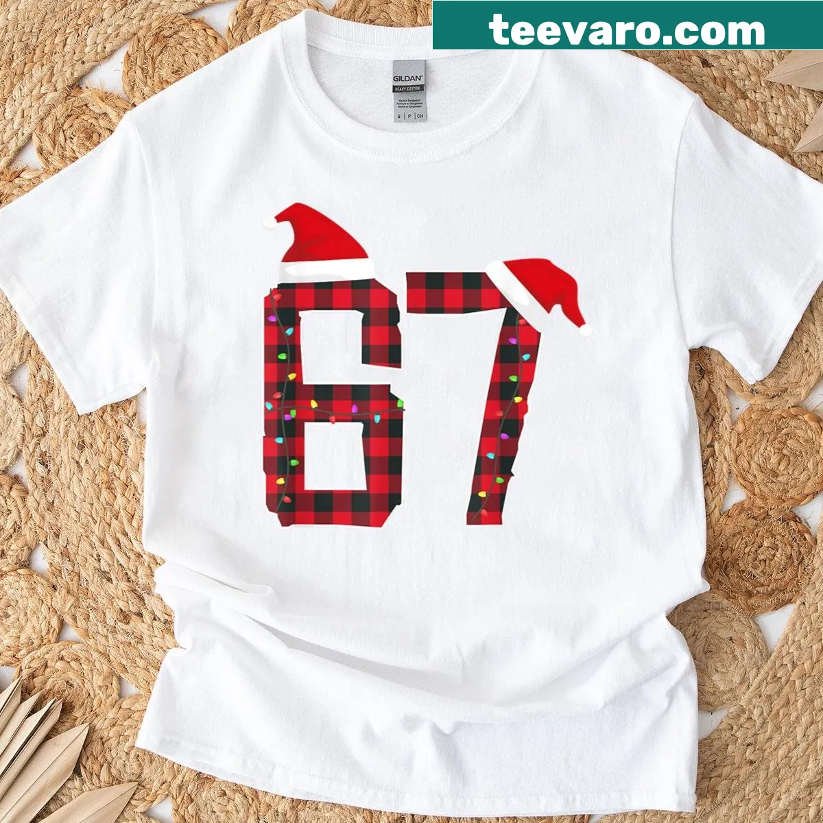 Illustration of Christmas-themed design with lights and '67' on a t-shirt — on a men's t-shirt