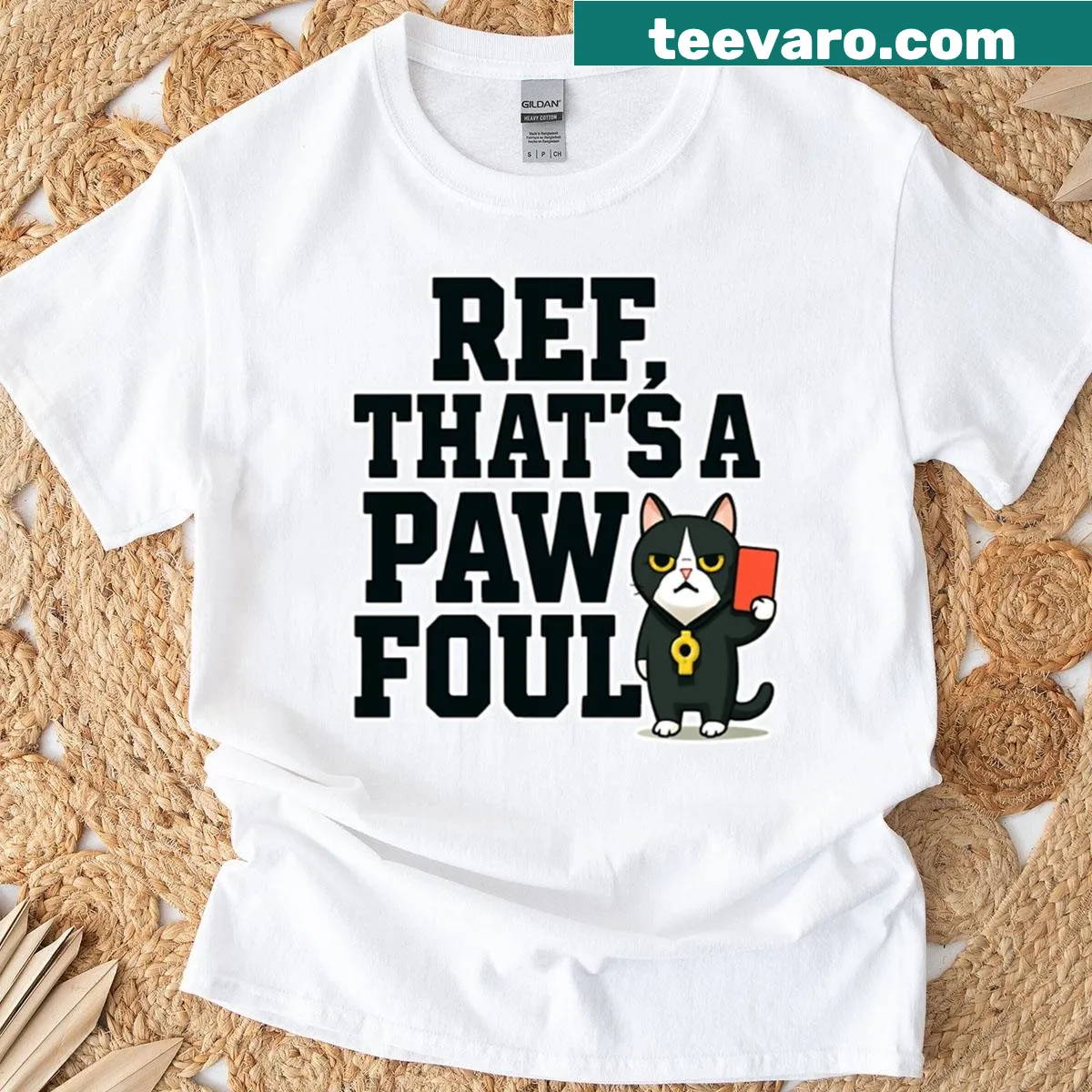 Funny t-shirt with 'Ref That's A Paw Foul' cat-themed quote — on a men's t-shirt