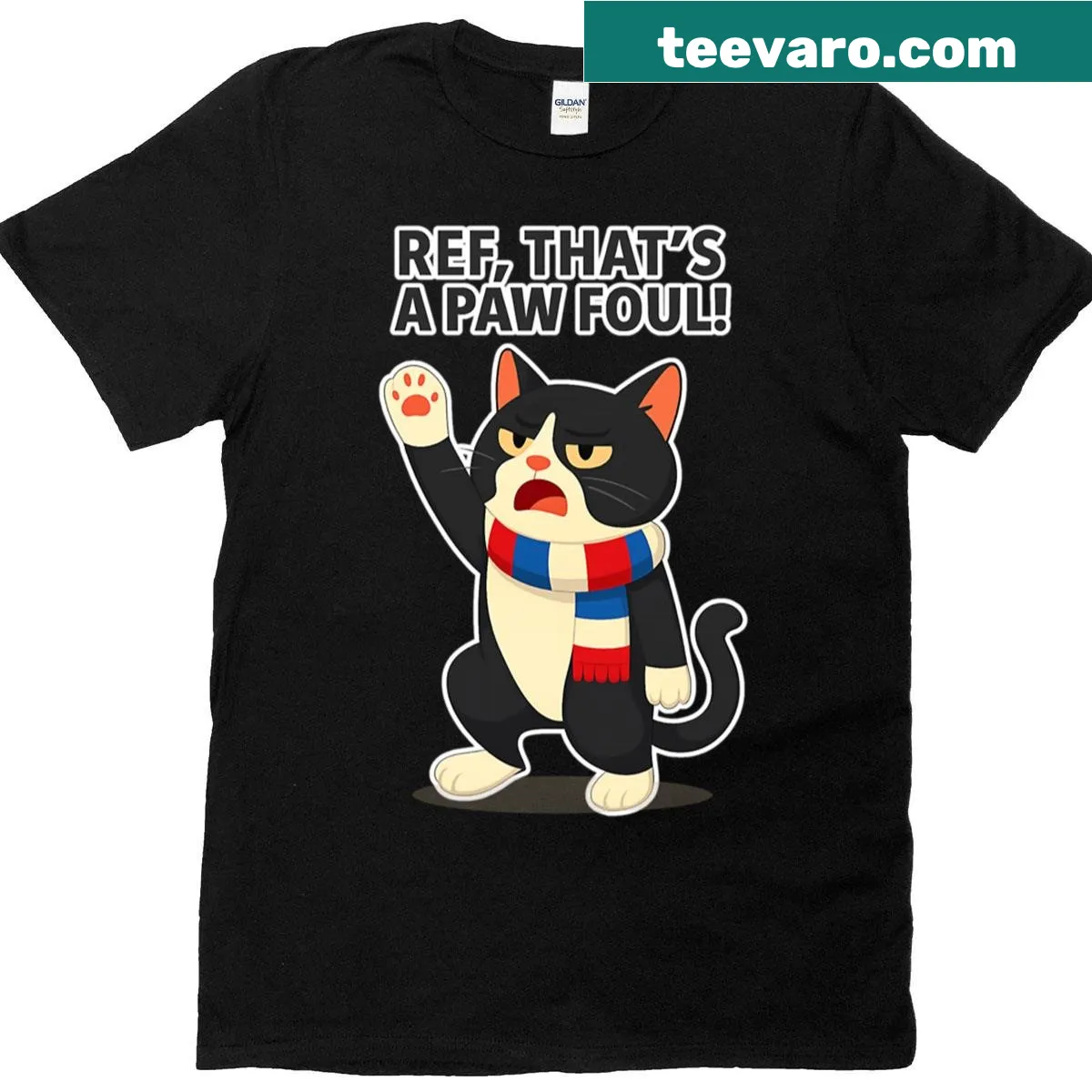 Funny T-shirt with tuxedo cat and paw foul pun — on a men's t-shirt