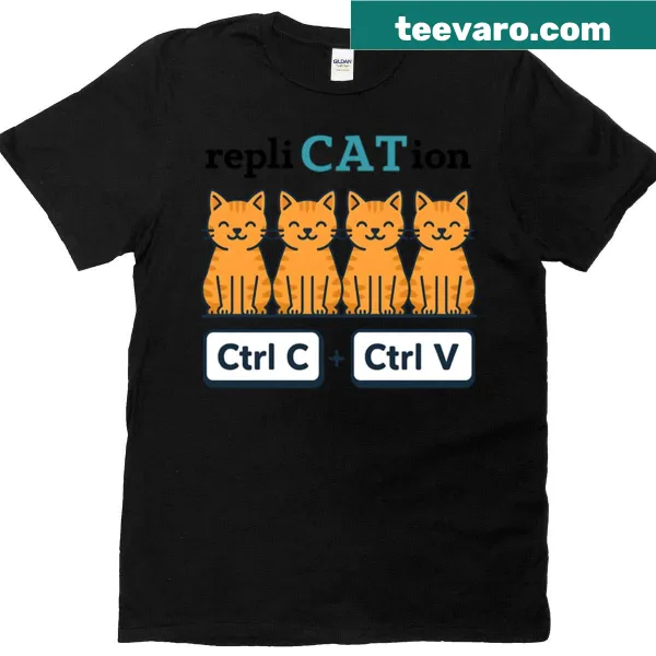 Nerdy cat design T-shirt featuring a playful science replication theme.
