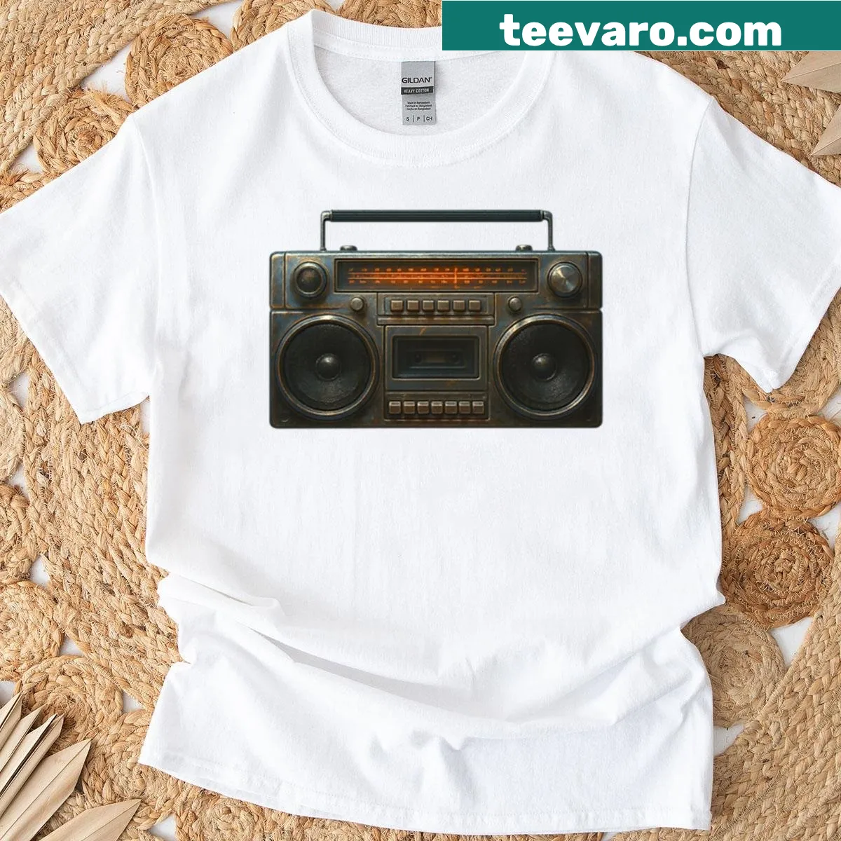 Retro T-shirt featuring a vintage boombox design representing the 90s — on a men's t-shirt