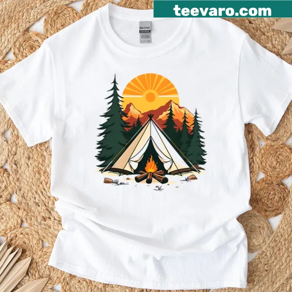 Playful camping scene t-shirt with retro style illustration