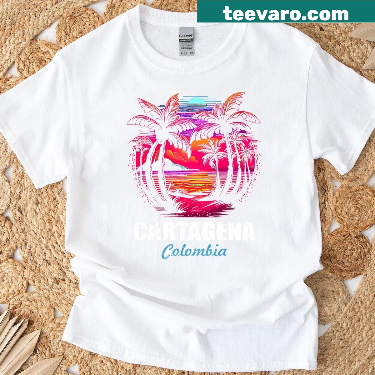Retro Cartagena sunset graphic T-shirt celebrating Colombian vacations. — on a men's t-shirt
